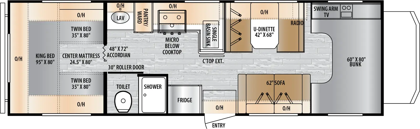 The Entrada 2710NK floorplan has one entry and zero slide outs. Exterior features include: 20' awning. Interiors features include: rear bedroom, bunk over cab and u-dinette.